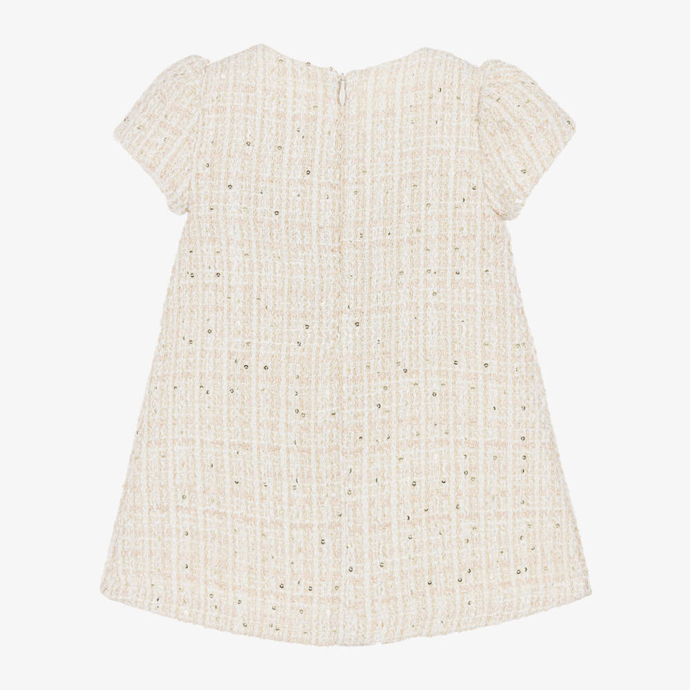Patachou-Girls Ivory Tweed Dress with Bow & Sequins | Childrensalon