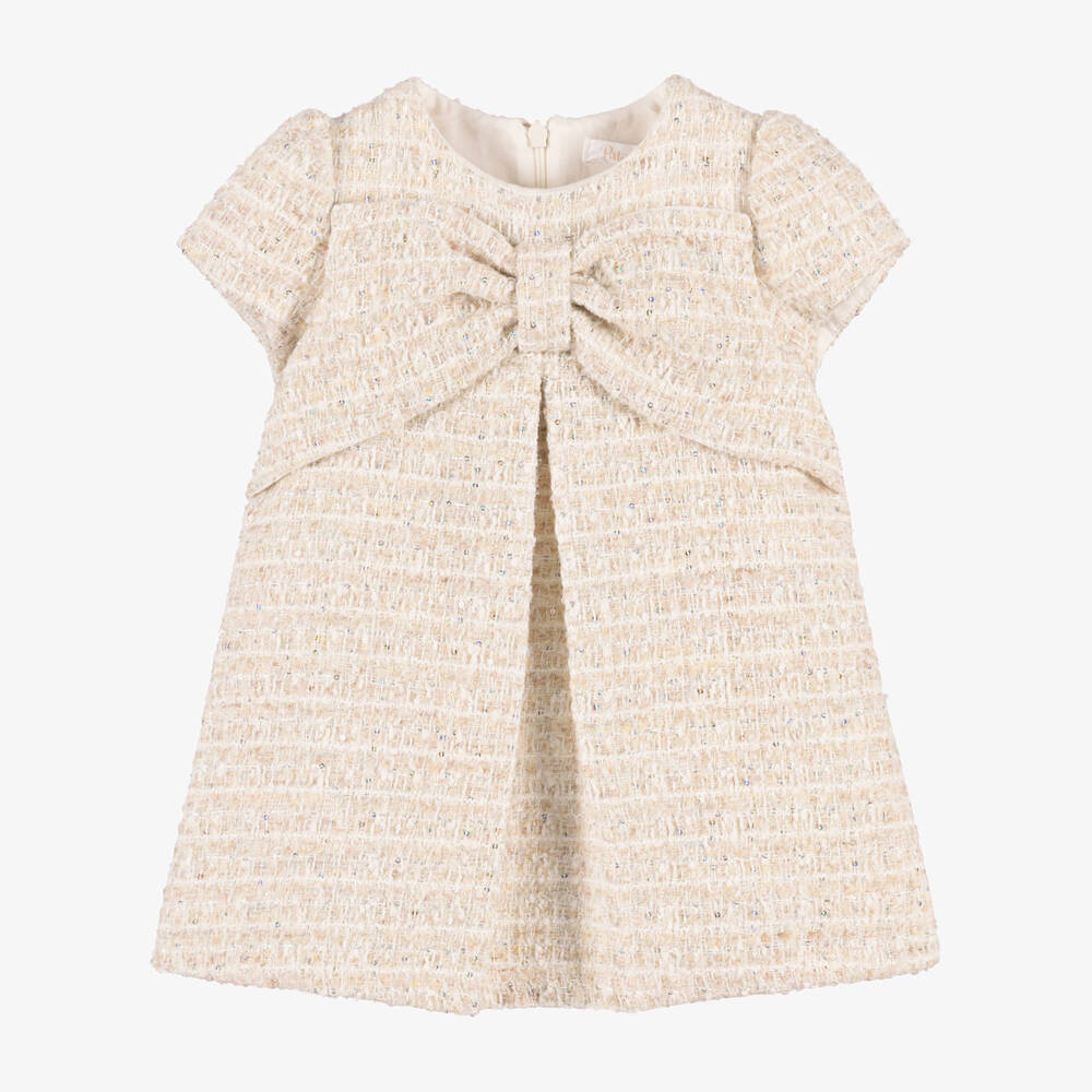 Patachou-Girls Ivory Tweed Dress with Bow & Sequins | Childrensalon