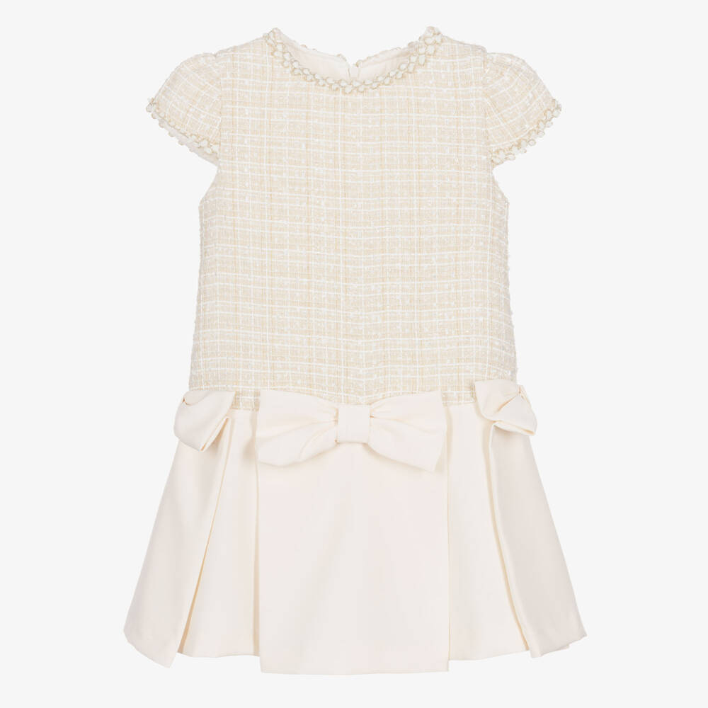 Patachou-Girls Ivory Tweed Dress with Bows | Childrensalon