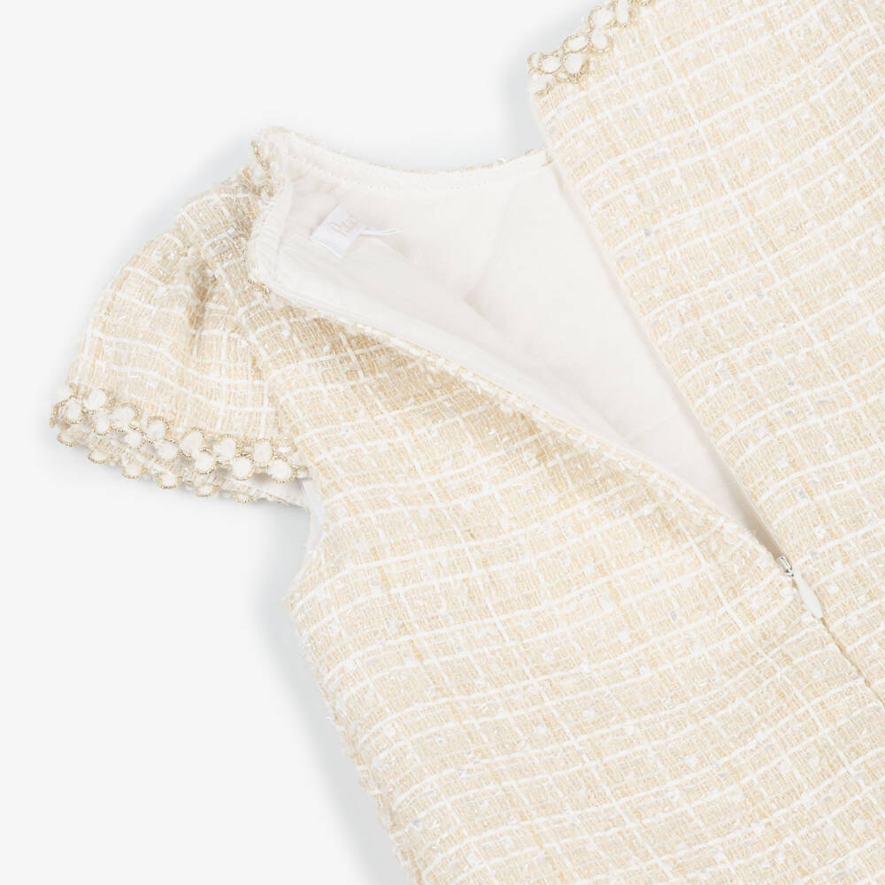 Patachou-Girls Ivory Tweed Dress with Bows | Childrensalon