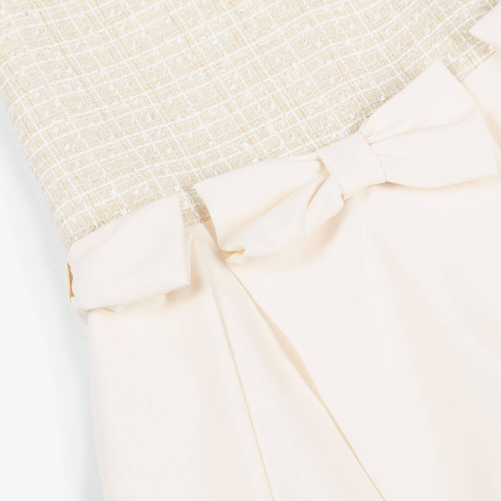 Patachou-Girls Ivory Tweed Dress with Bows | Childrensalon