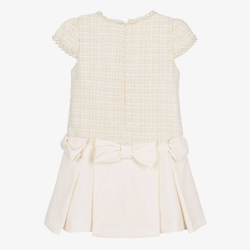 Patachou-Girls Ivory Tweed Dress with Bows | Childrensalon