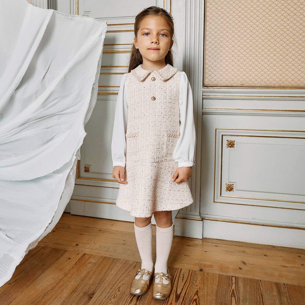 Patachou-Girls Ivory Tweed Dress with Chiffon Sleeves | Childrensalon