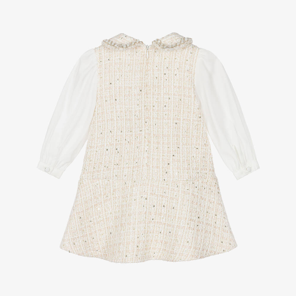 Patachou-Girls Ivory Tweed Dress with Chiffon Sleeves | Childrensalon