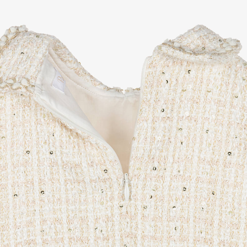 Patachou-Girls Ivory Tweed Dress with Chiffon Sleeves | Childrensalon