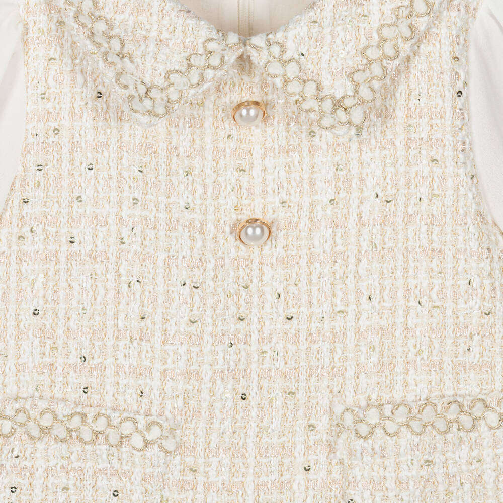 Patachou-Girls Ivory Tweed Dress with Chiffon Sleeves | Childrensalon