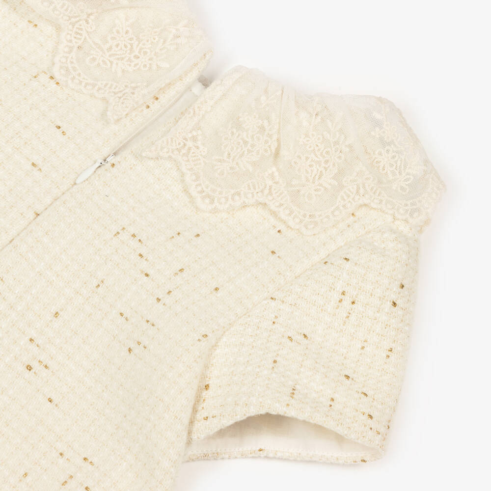 Patachou-Girls Ivory Tweed Dress with Embroidered Tulle Collar | Childrensalon