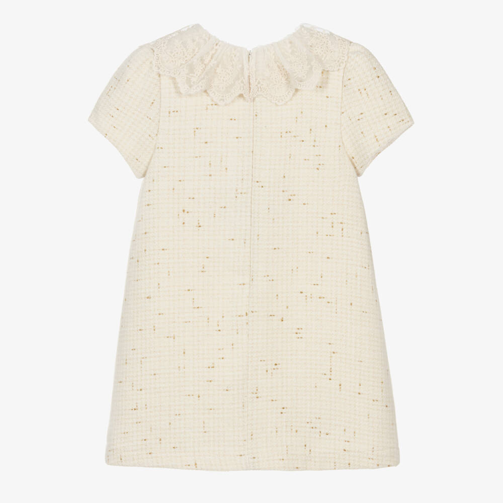 Patachou-Girls Ivory Tweed Dress with Embroidered Tulle Collar | Childrensalon
