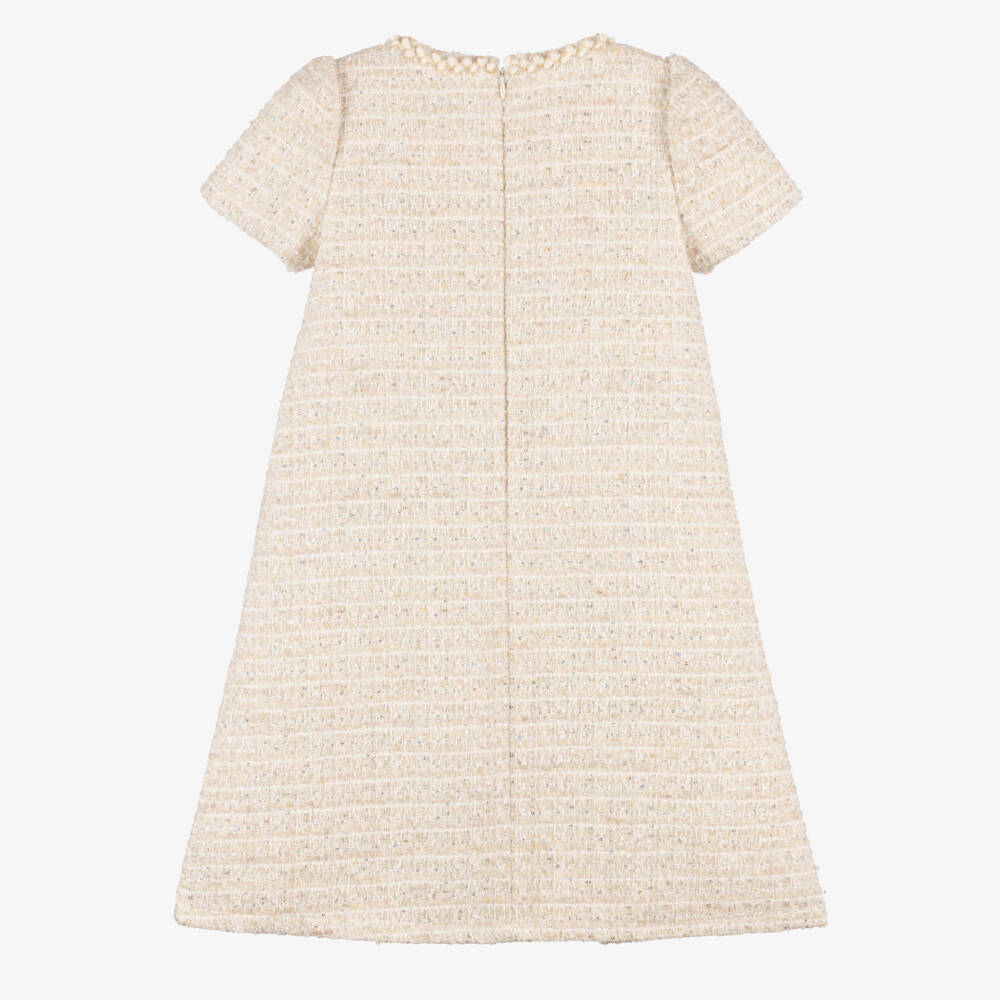 Patachou-Girls Ivory Tweed Dress with Sequins & Bows | Childrensalon
