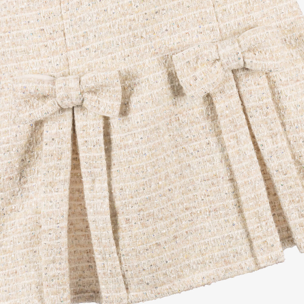 Patachou-Girls Ivory Tweed Dress with Sequins & Bows | Childrensalon