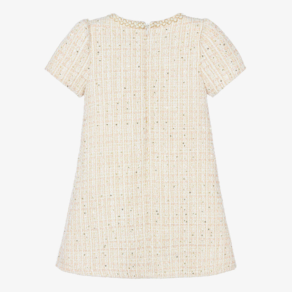 Patachou-Girls Ivory Tweed Dress with Sequins & Bows | Childrensalon