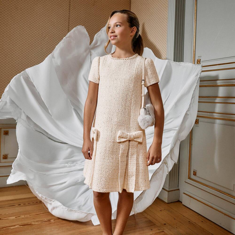 Patachou-Girls Ivory Tweed Dress with Sequins & Bows | Childrensalon