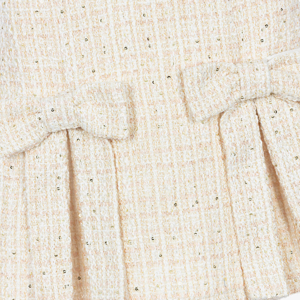 Patachou-Girls Ivory Tweed Dress with Sequins & Bows | Childrensalon
