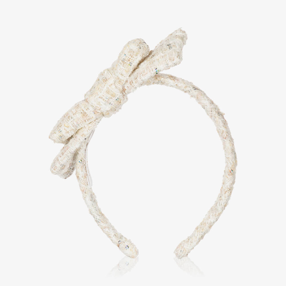 Patachou-Girls Ivory Tweed Hairband with Sequins | Childrensalon