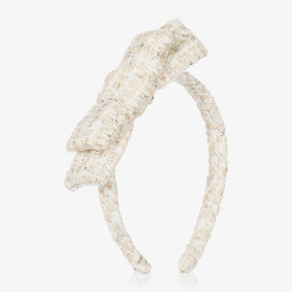 Patachou-Girls Ivory Tweed Hairband with Sequins | Childrensalon