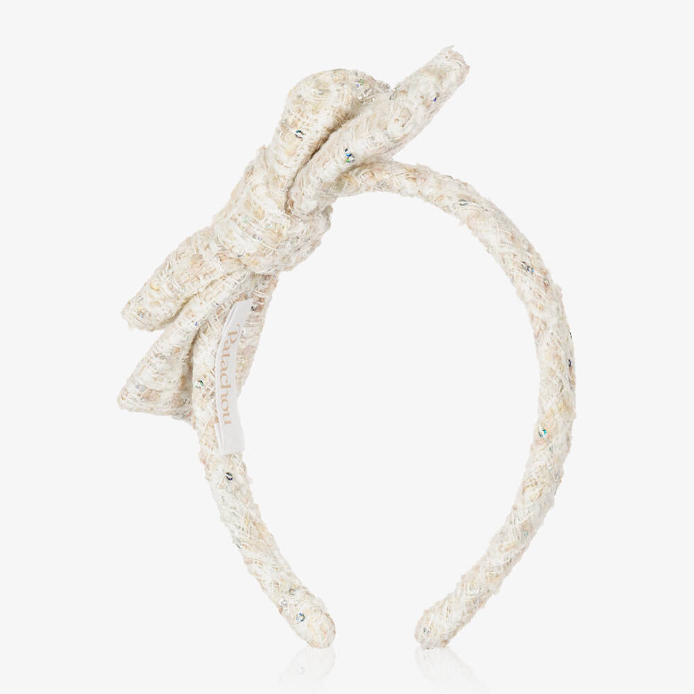 Patachou-Girls Ivory Tweed Hairband with Sequins | Childrensalon