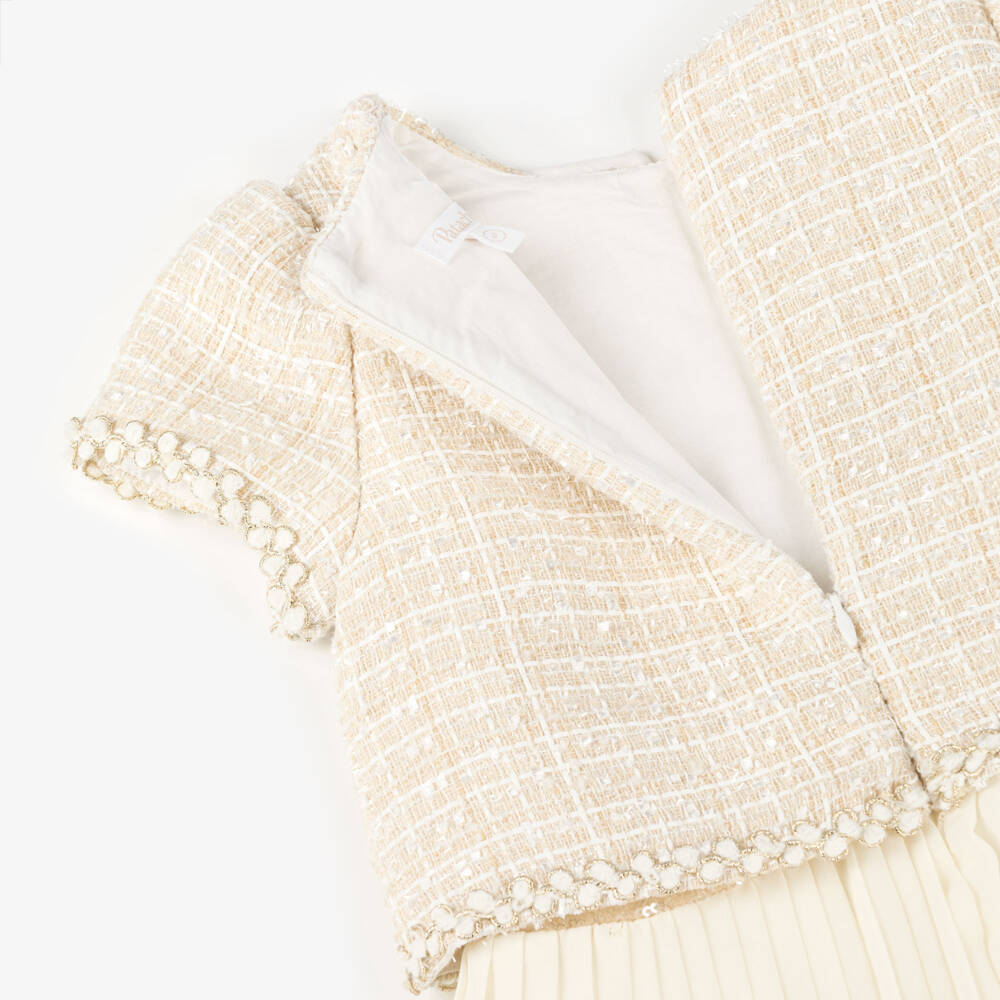 Patachou-Girls Ivory Tweed Pleated Jumpsuit with Sequins | Childrensalon