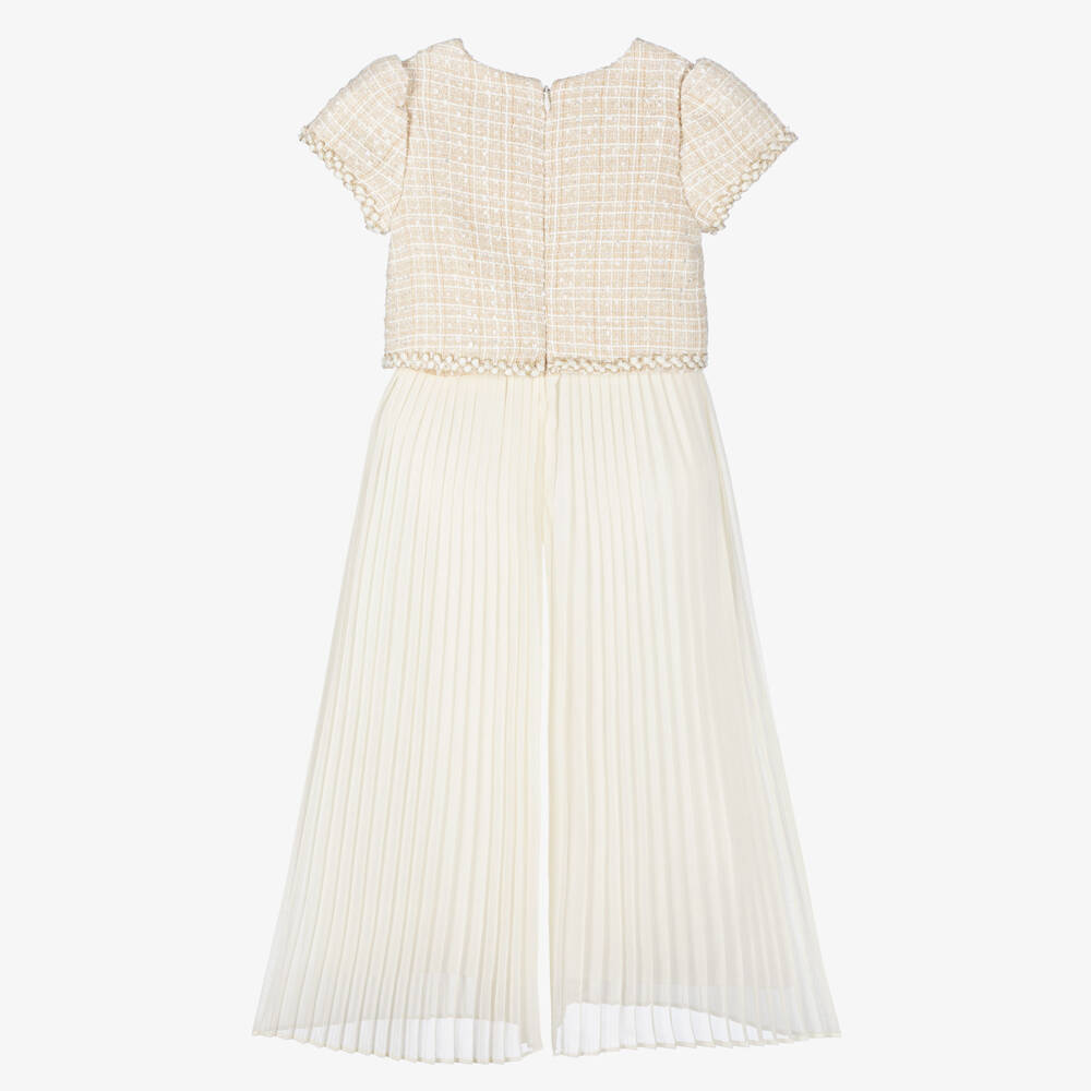 Patachou-Girls Ivory Tweed Pleated Jumpsuit with Sequins | Childrensalon