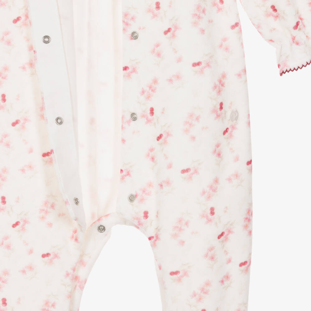 Patachou-Girls Ivory Velour Babygrow with Cherry & Floral Print | Childrensalon
