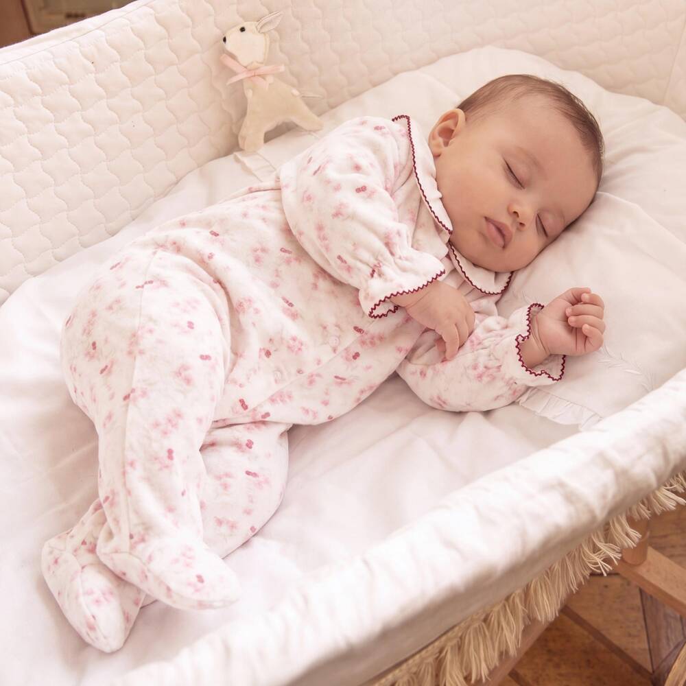 Patachou-Girls Ivory Velour Babygrow with Cherry & Floral Print | Childrensalon