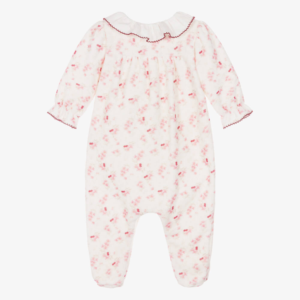 Patachou-Girls Ivory Velour Babygrow with Cherry & Floral Print | Childrensalon