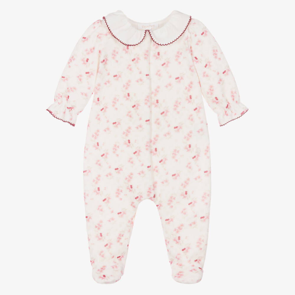 Patachou-Girls Ivory Velour Babygrow with Cherry & Floral Print | Childrensalon