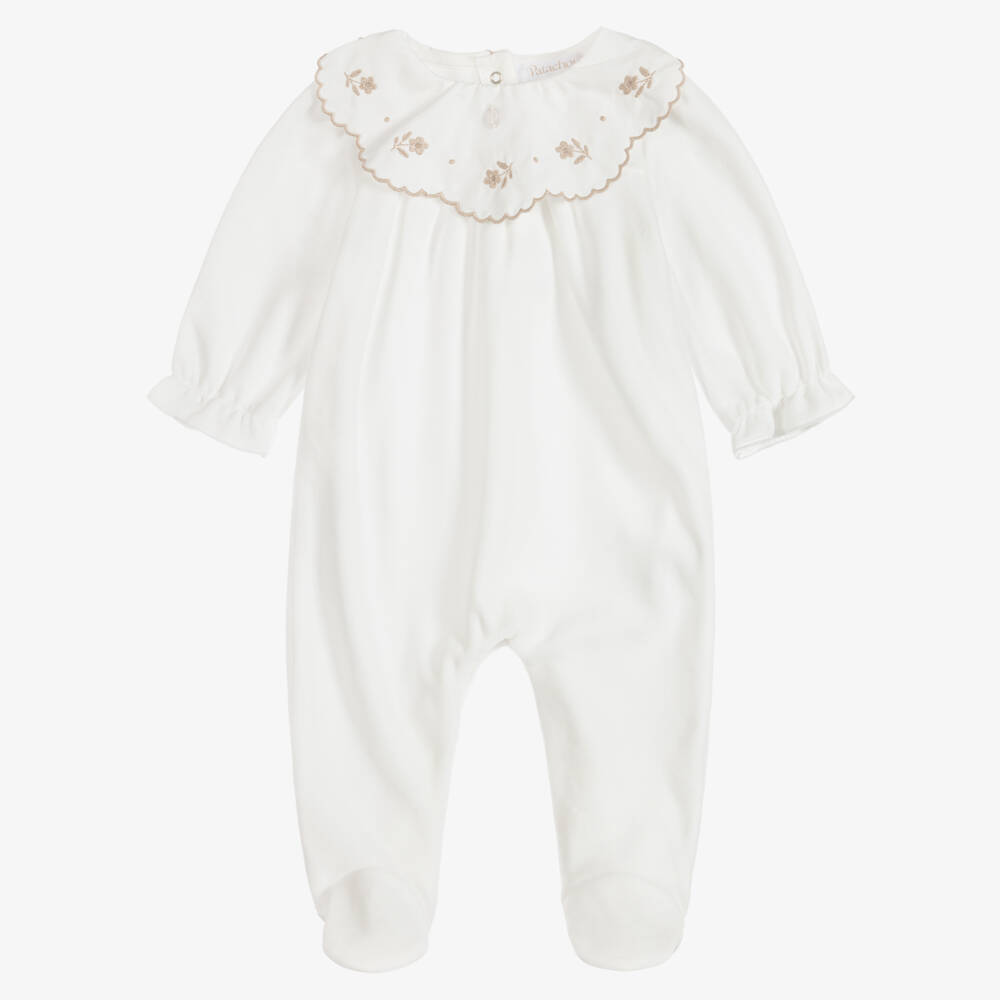 Patachou-Girls Ivory Velour Babygrow with Floral Embroidered Collar | Childrensalon