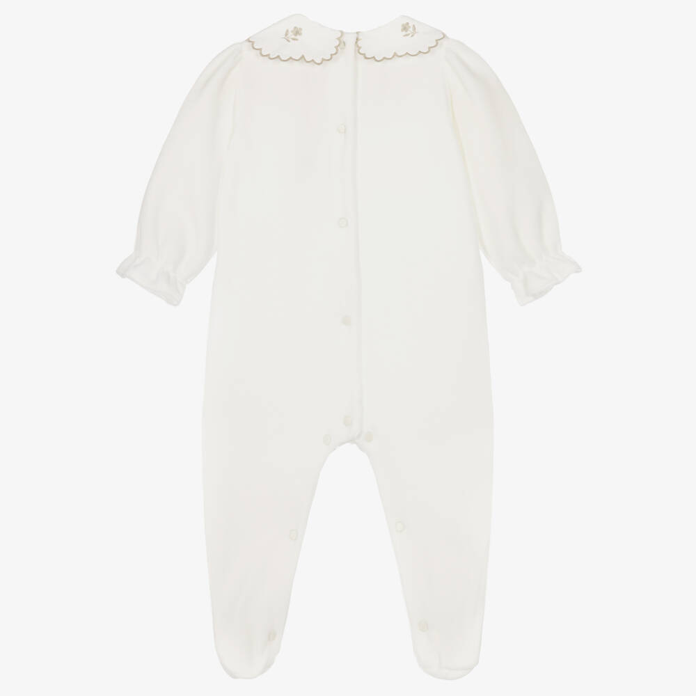 Patachou-Girls Ivory Velour Babygrow with Floral Embroidered Collar | Childrensalon