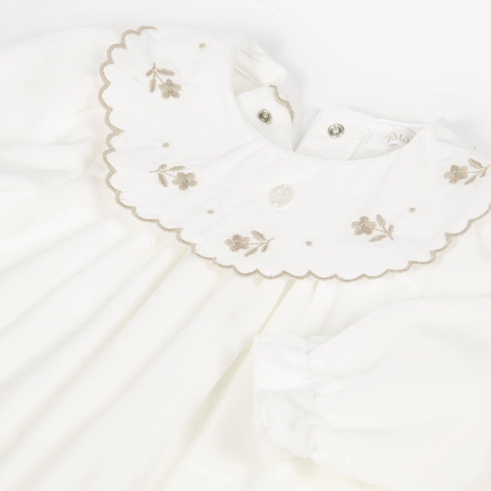 Patachou-Girls Ivory Velour Babygrow with Floral Embroidered Collar | Childrensalon
