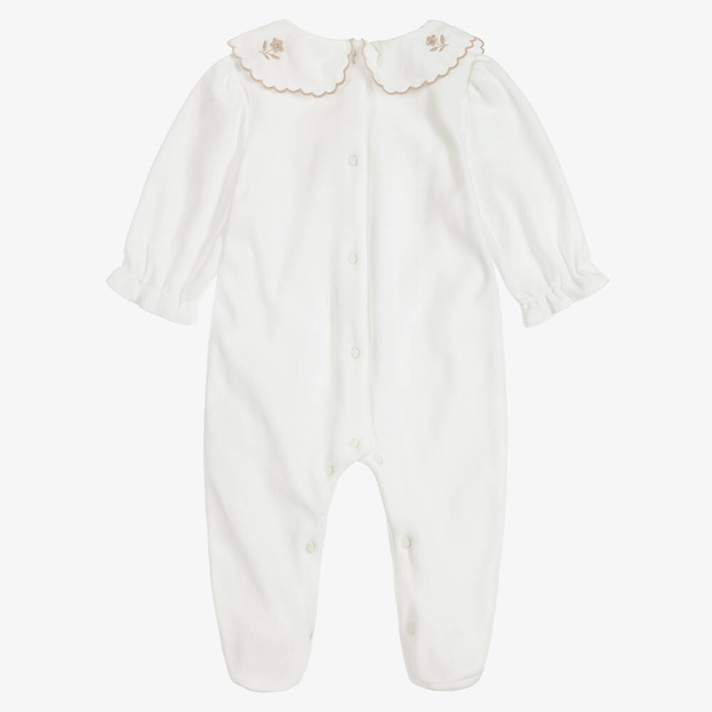 Patachou-Girls Ivory Velour Babygrow with Floral Embroidered Collar | Childrensalon