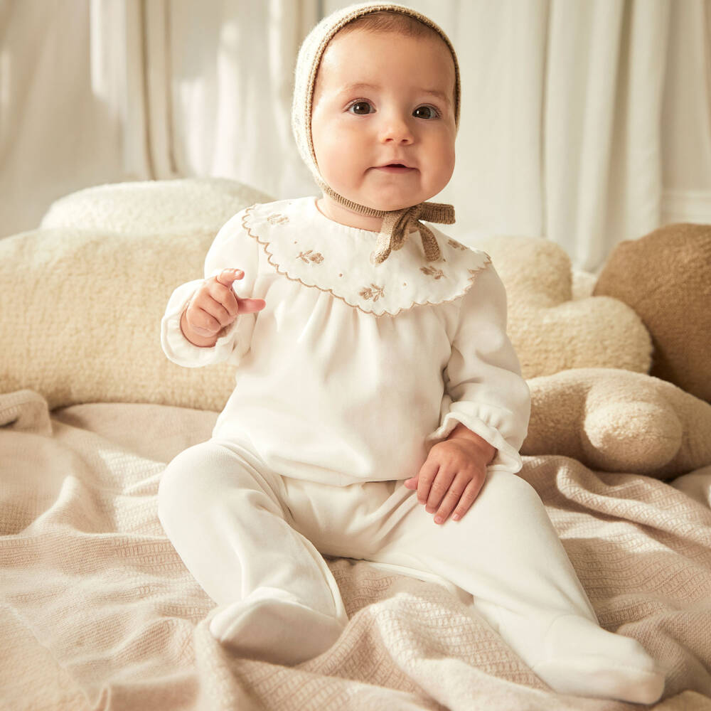 Patachou-Girls Ivory Velour Babygrow with Floral Embroidered Collar | Childrensalon