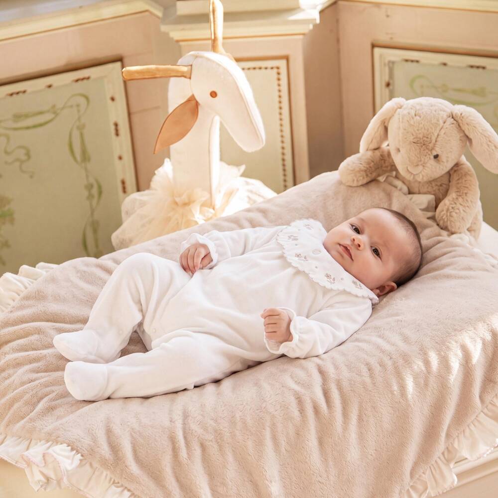 Patachou-Girls Ivory Velour Babygrow with Floral Embroidered Collar | Childrensalon