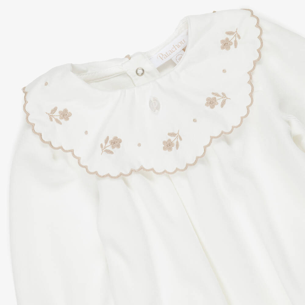 Patachou-Girls Ivory Velour Babygrow with Floral Embroidered Collar | Childrensalon