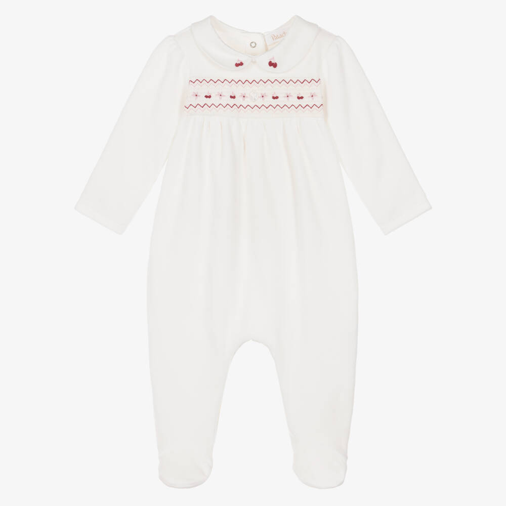 Patachou-Girls Ivory Velour Babygrow with Smocking & Embroidery | Childrensalon