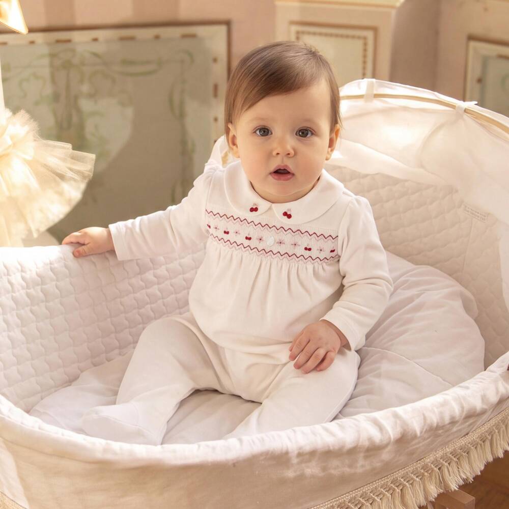 Patachou-Girls Ivory Velour Babygrow with Smocking & Embroidery | Childrensalon