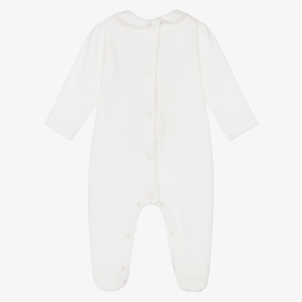 Patachou-Girls Ivory Velour Babygrow with Smocking & Embroidery | Childrensalon