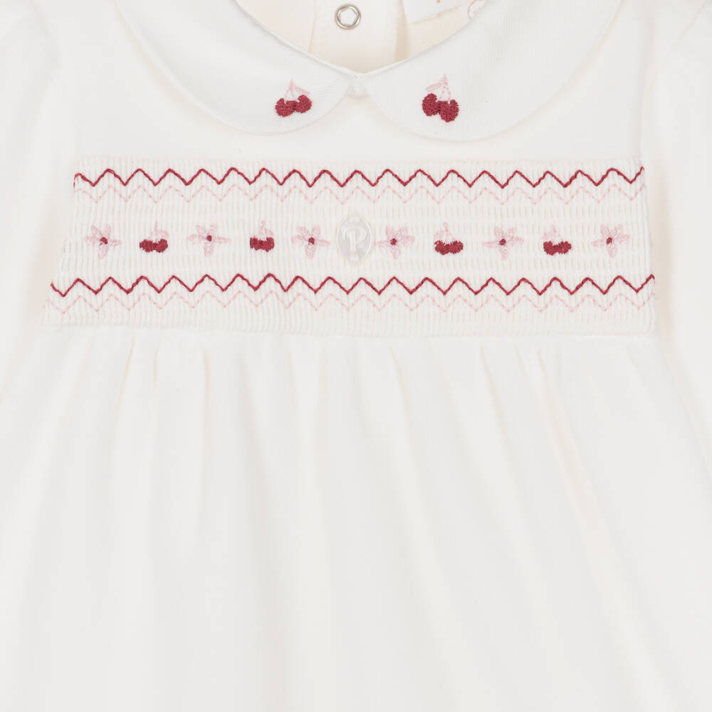Patachou-Girls Ivory Velour Babygrow with Smocking & Embroidery | Childrensalon