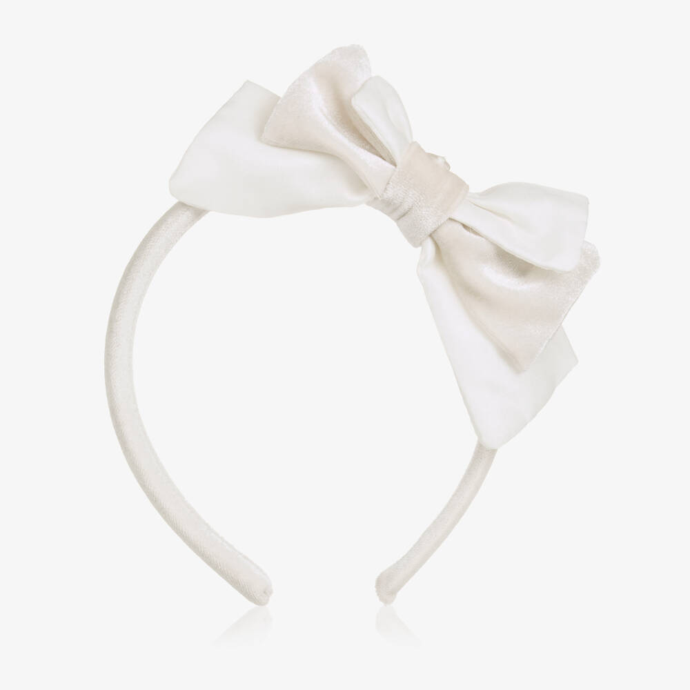 Patachou-Girls Ivory Velour Bow Hairband | Childrensalon