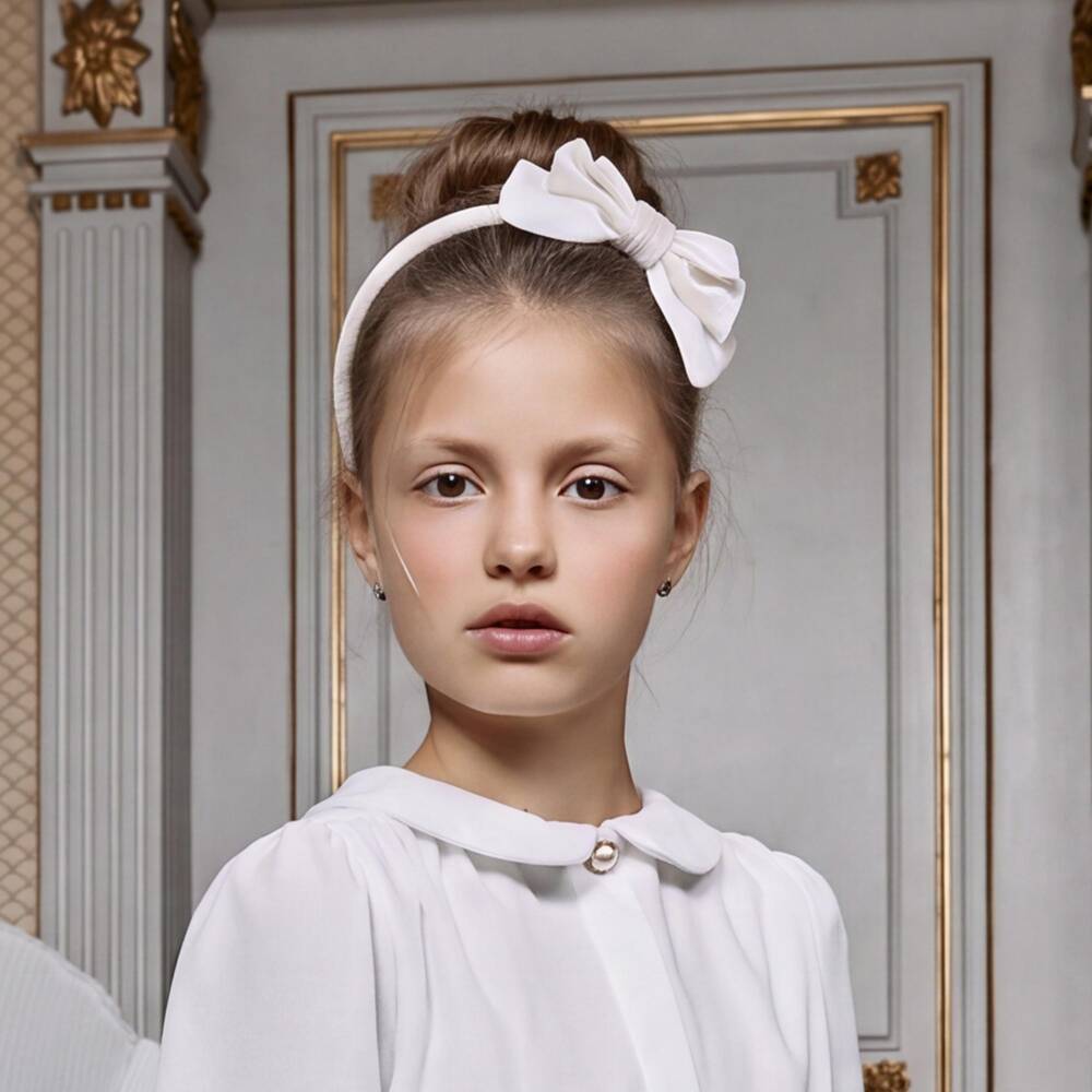 Patachou-Girls Ivory Velour Bow Hairband | Childrensalon
