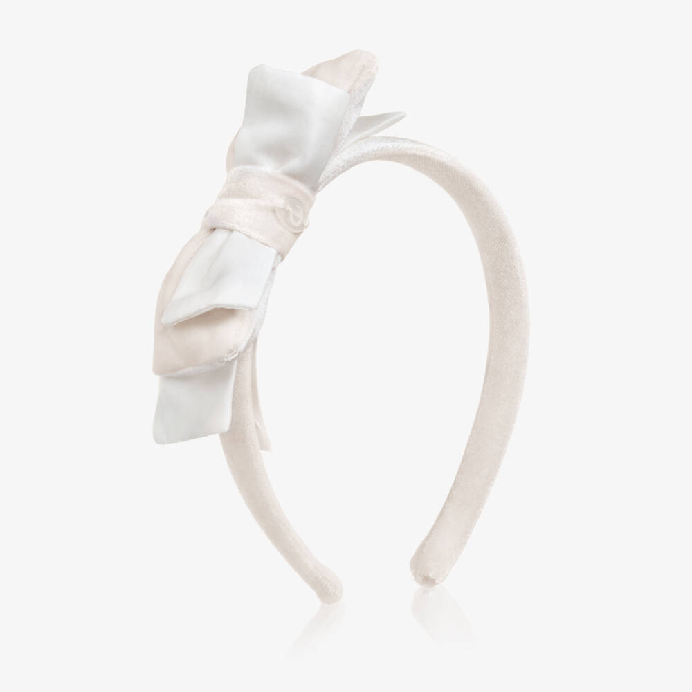 Patachou-Girls Ivory Velour Bow Hairband | Childrensalon