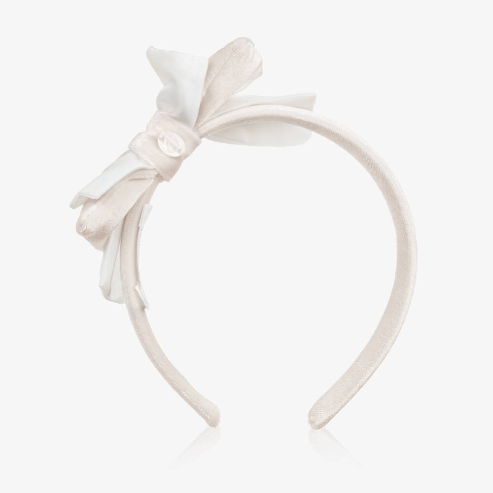 Patachou-Girls Ivory Velour Bow Hairband | Childrensalon