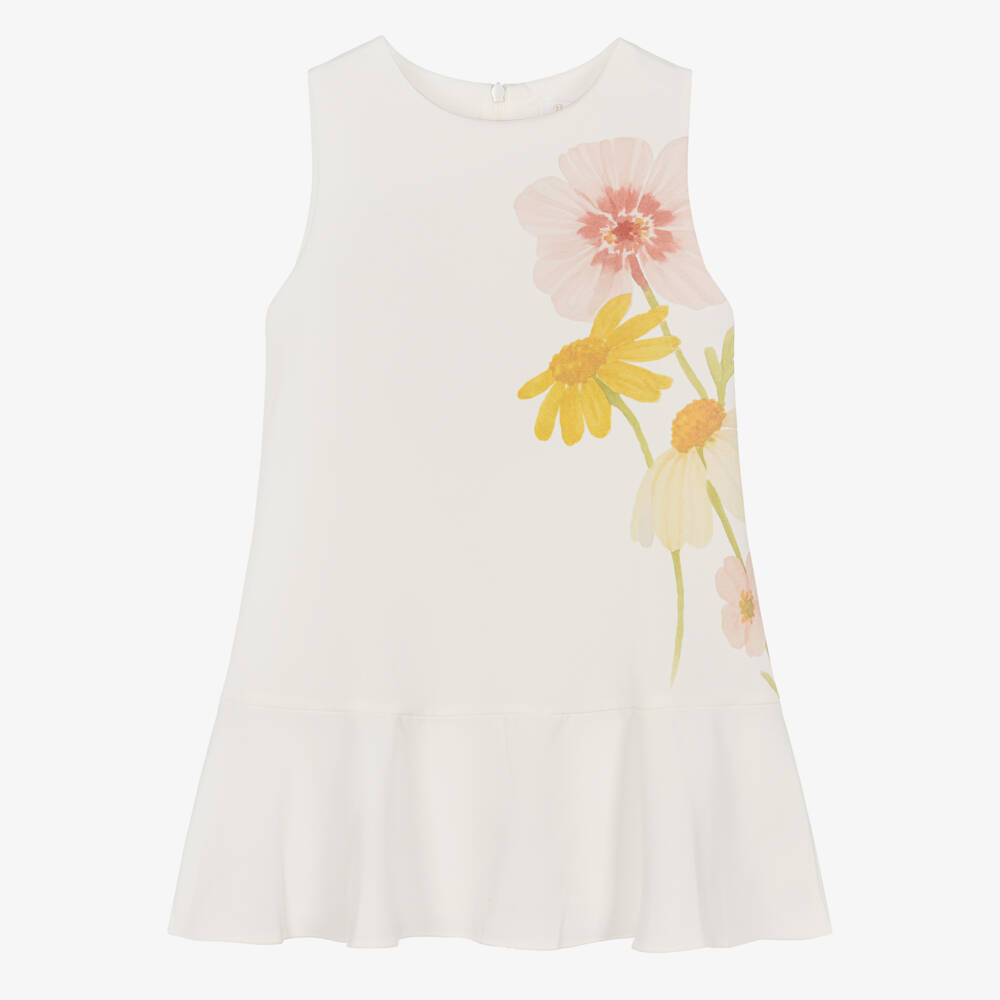 Patachou-Girls Ivory Watercolour Floral Print Crêpe Dress | Childrensalon