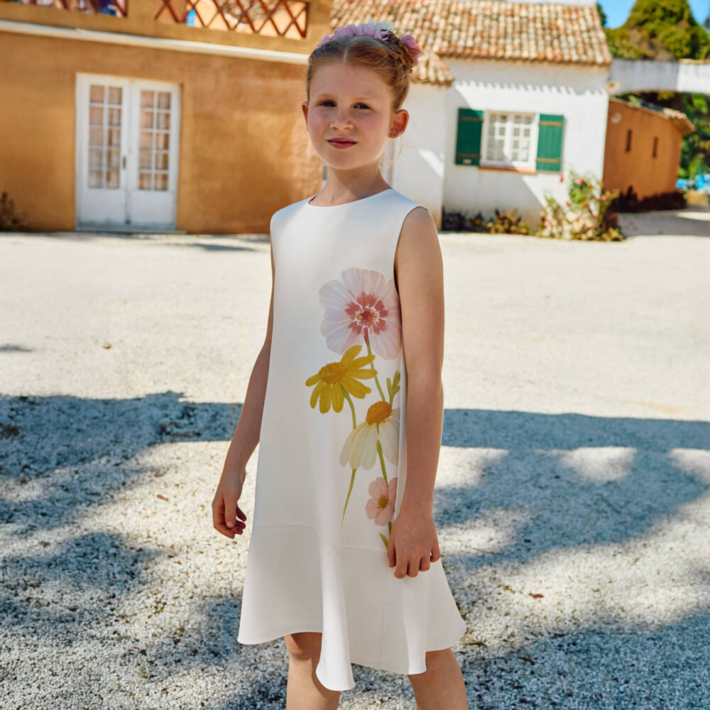 Patachou-Girls Ivory Watercolour Floral Print Crêpe Dress | Childrensalon