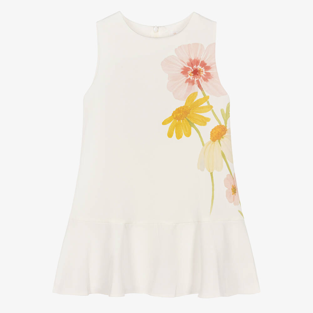 Patachou-Girls Ivory Watercolour Floral Print Crêpe Dress | Childrensalon