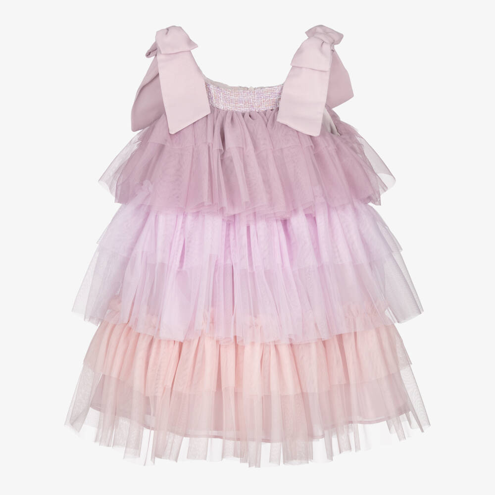 Patachou-Girls Lavender & Pink Ombré Tiered Tulle Dress with Bows | Childrensalon