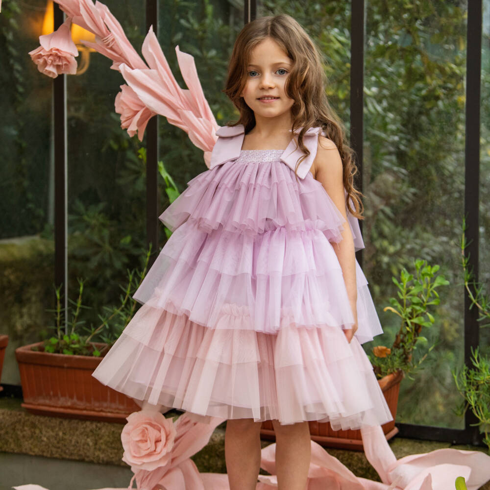 Patachou-Girls Lavender & Pink Ombré Tiered Tulle Dress with Bows | Childrensalon