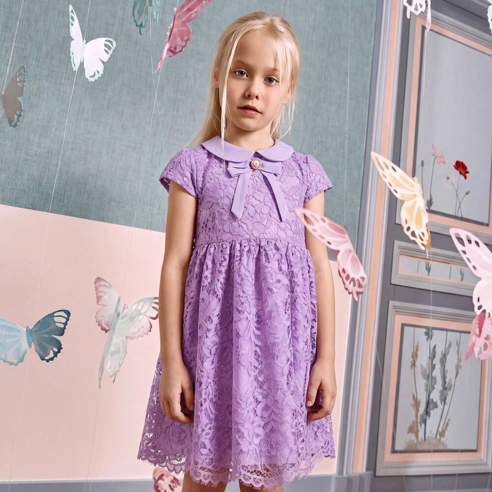 Patachou-Girls Lavender Purple Guipure Lace Dress | Childrensalon