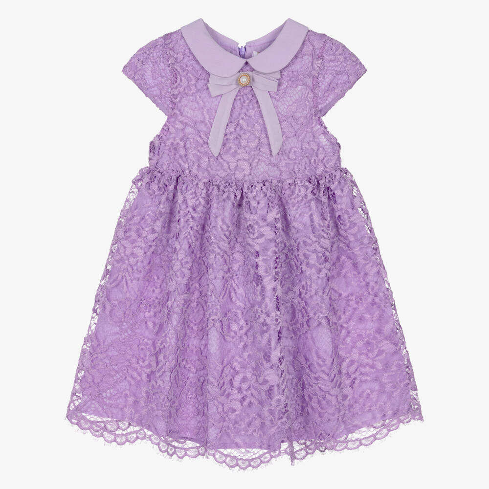 Patachou-Girls Lilac Purple Guipure Lace Dress | Childrensalon