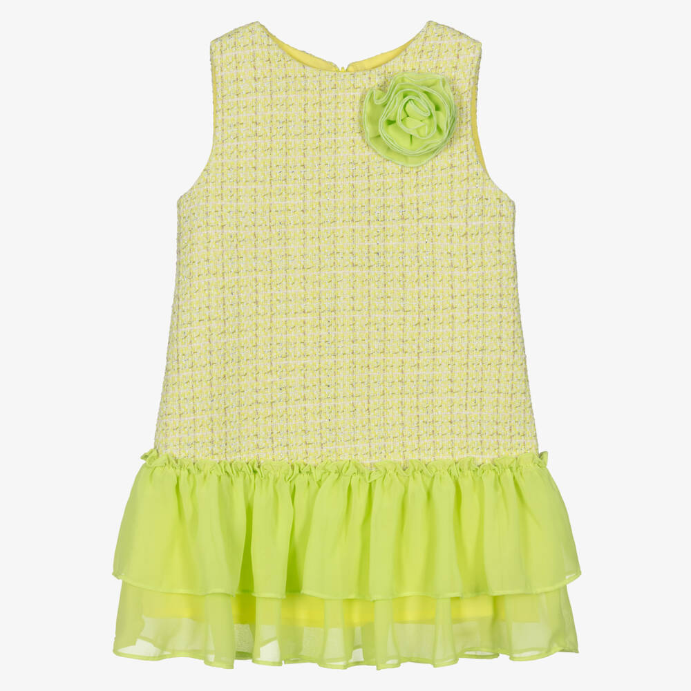 Patachou-Girls Lime Green Tweed & Crêpe Chiffon Dress | Childrensalon