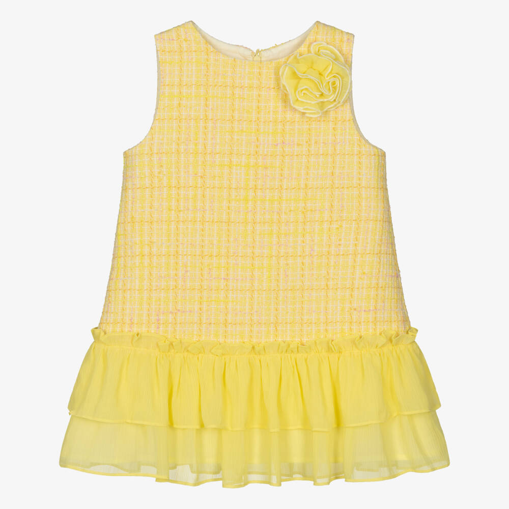 Patachou-Girls Lime Green Tweed & Crêpe Chiffon Dress | Childrensalon